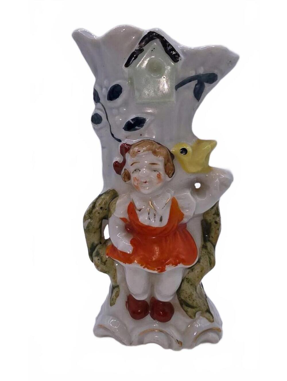 Japan Porcelain Girl Birds Birdhouse Tree Trunk Bud Vase Planter